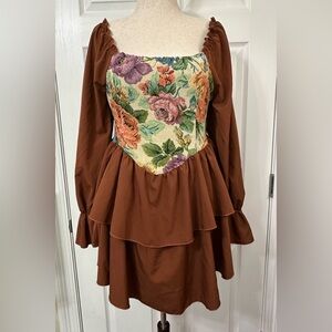 SHEIN Brown Floral tapestry renaissance style Dress, tiered skirt & sleeves
